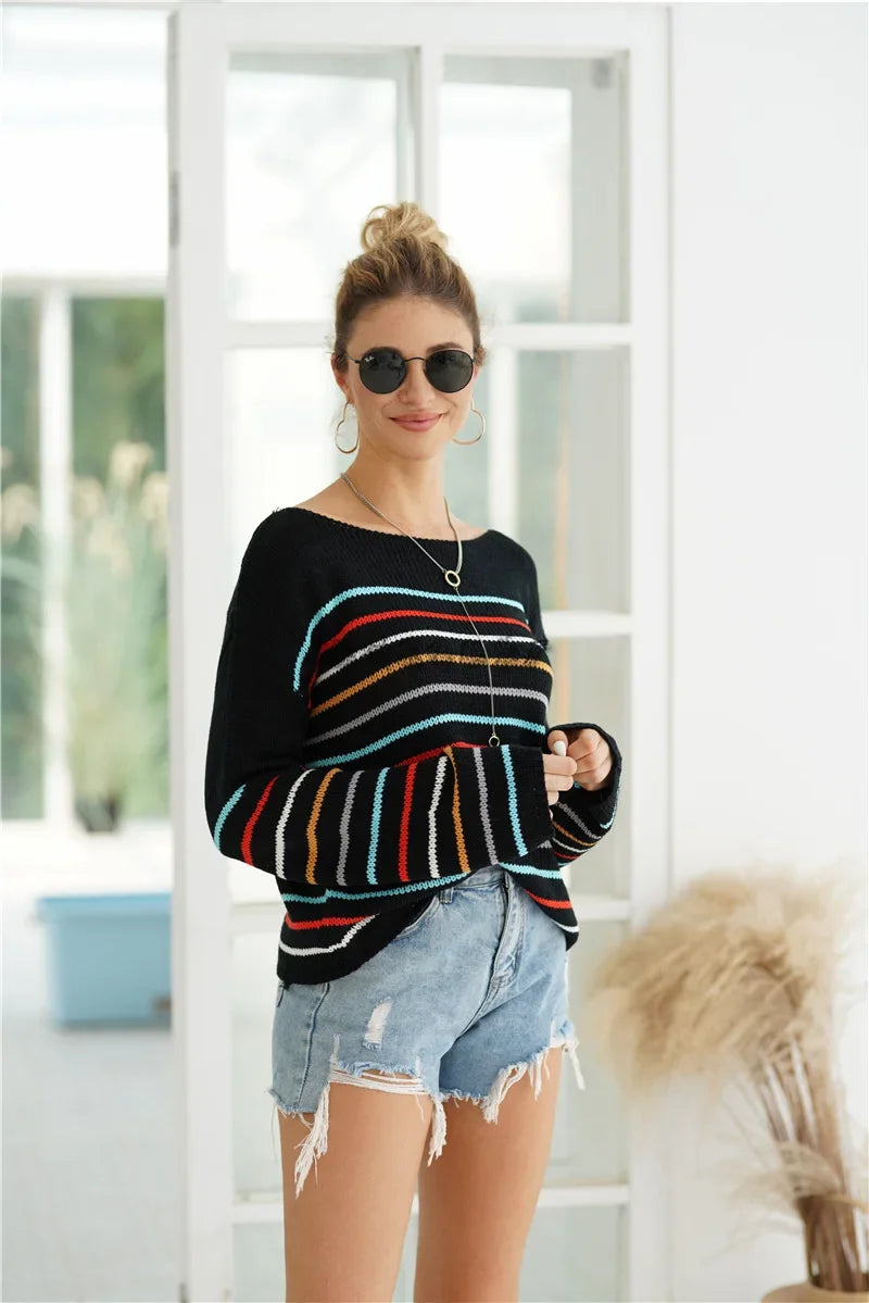 Pullover Sweaters- Chic Multicolor Striped Knit Pullover- - IndioGear.com