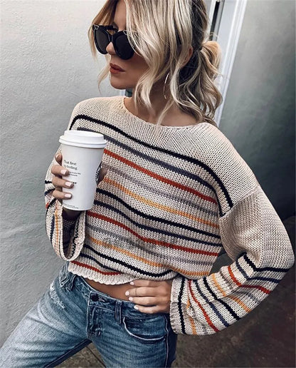 Pullover Sweaters- Chic Multicolor Striped Knit Pullover- Light Apricot- IndioGear.com