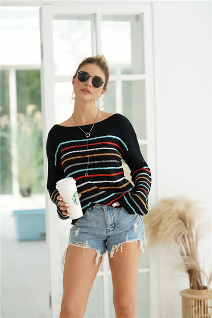 Pullover Sweaters- Chic Multicolor Striped Knit Pullover- - IndioGear.com