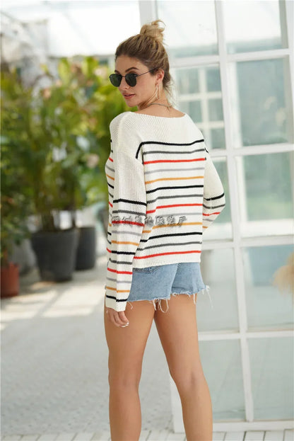 Pullover Sweaters- Chic Multicolor Striped Knit Pullover- - IndioGear.com