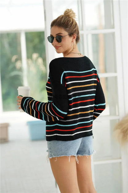 Pullover Sweaters- Chic Multicolor Striped Knit Pullover- - IndioGear.com