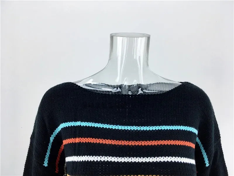 Pullover Sweaters- Chic Multicolor Striped Knit Pullover- - IndioGear.com