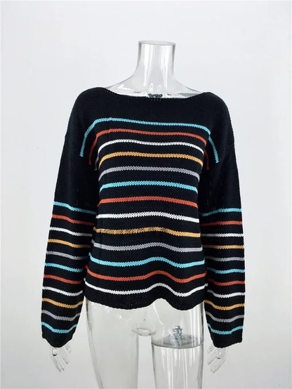 Pullover Sweaters- Chic Multicolor Striped Knit Pullover- - IndioGear.com