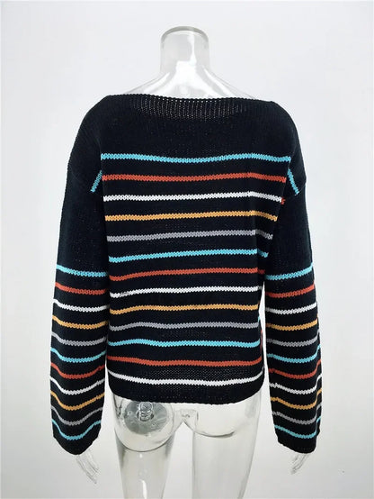 Pullover Sweaters- Chic Multicolor Striped Knit Pullover- - IndioGear.com