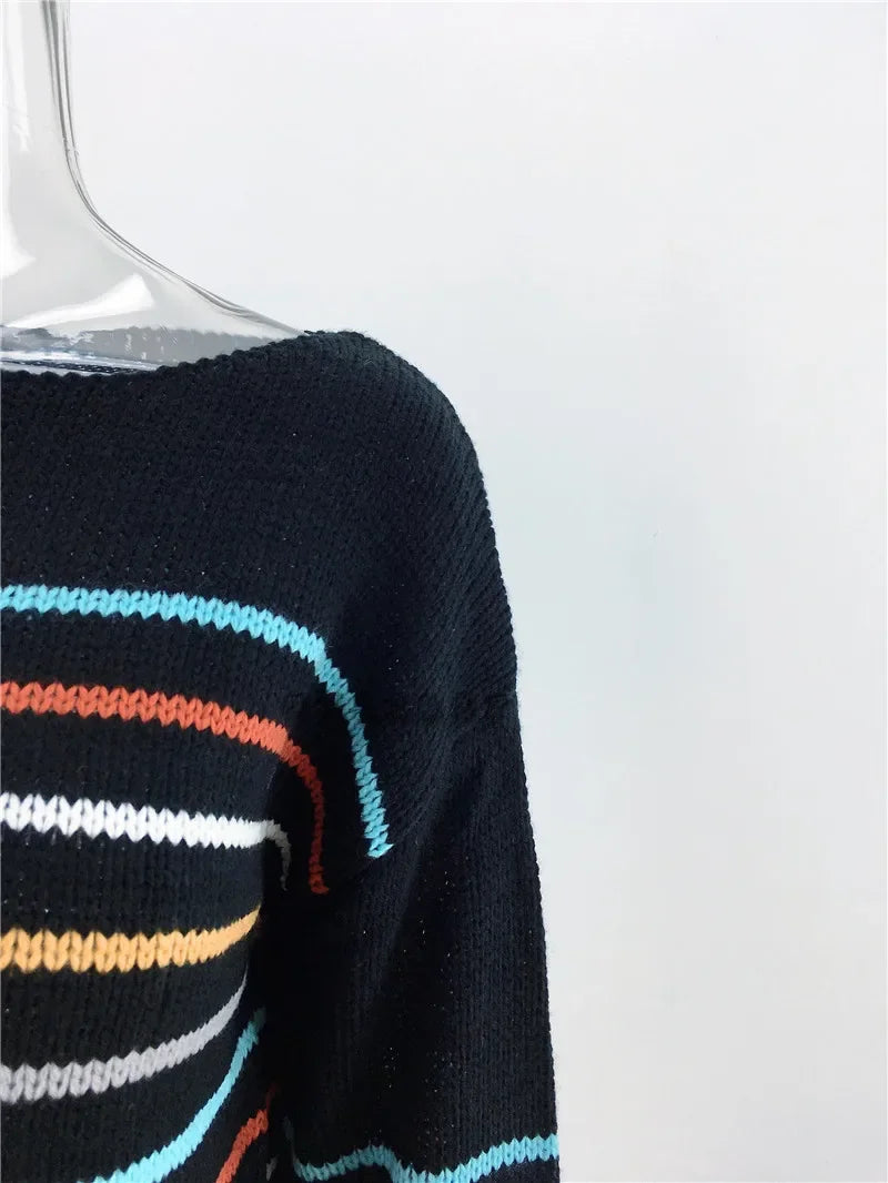 Pullover Sweaters- Chic Multicolor Striped Knit Pullover- - IndioGear.com