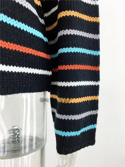 Pullover Sweaters- Chic Multicolor Striped Knit Pullover- - IndioGear.com