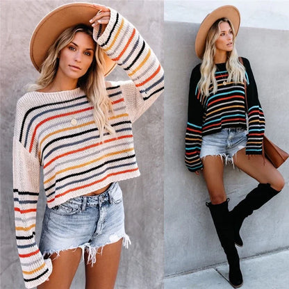 Pullover Sweaters- Chic Multicolor Striped Knit Pullover- - IndioGear.com