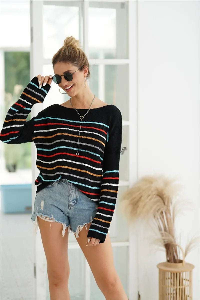 Pullover Sweaters- Chic Multicolor Striped Knit Pullover- - IndioGear.com