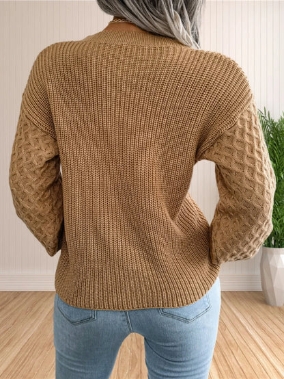 Pullover Sweaters- Chic Textured Crew Neck Sweater- - IndioGear.com