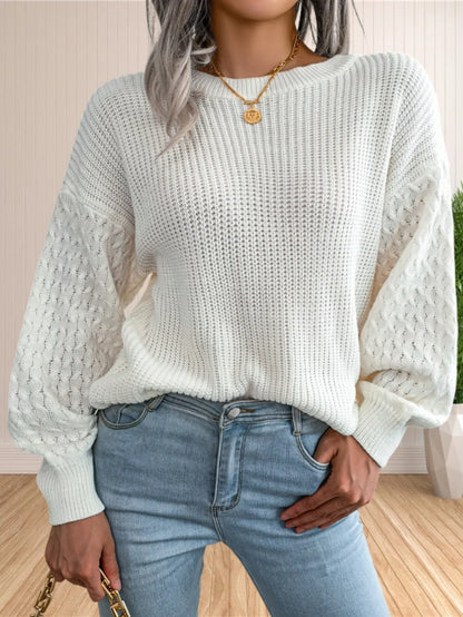 Pullover Sweaters- Chic Textured Crew Neck Sweater- - IndioGear.com