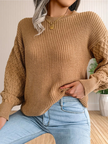 Pullover Sweaters- Chic Textured Crew Neck Sweater- - IndioGear.com