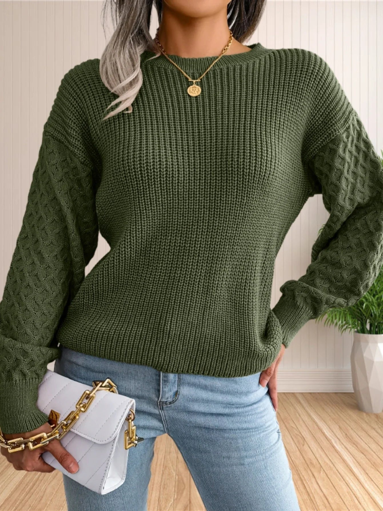 Pullover Sweaters- Chic Textured Crew Neck Sweater- - IndioGear.com