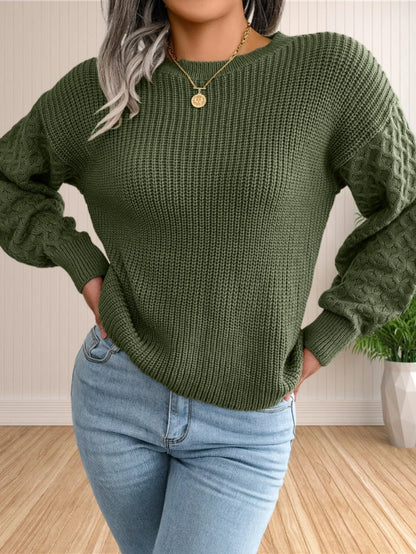 Pullover Sweaters- Chic Textured Crew Neck Sweater- - IndioGear.com