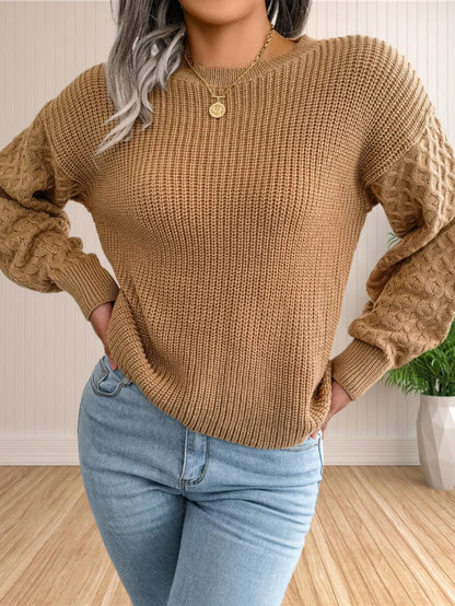 Pullover Sweaters- Chic Textured Crew Neck Sweater- - IndioGear.com