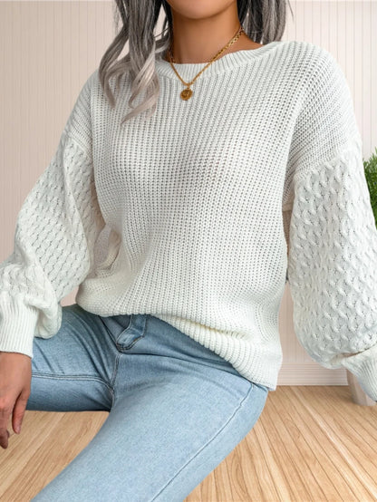 Pullover Sweaters- Chic Textured Crew Neck Sweater- - IndioGear.com