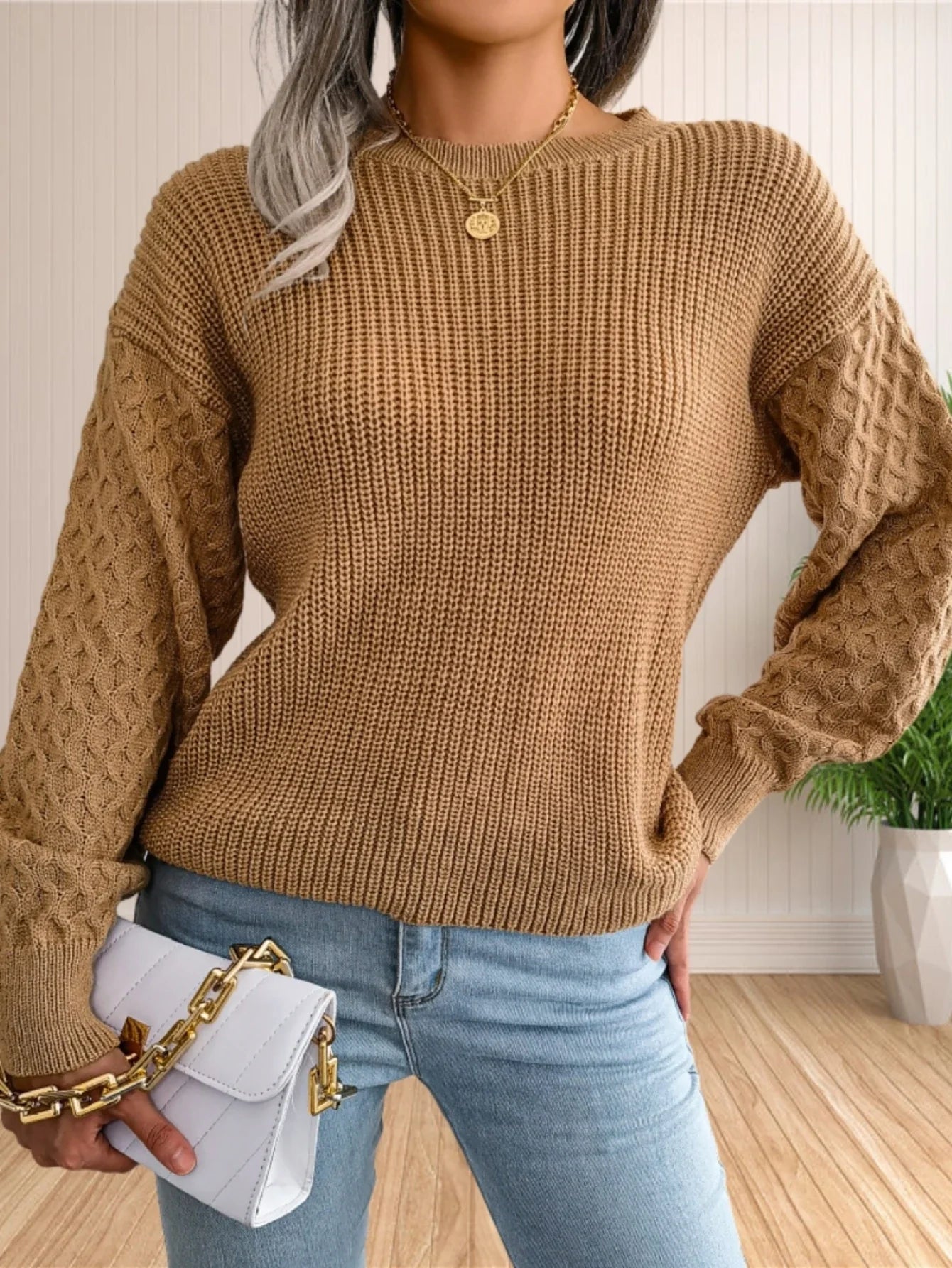 Pullover Sweaters- Chic Textured Crew Neck Sweater- - IndioGear.com