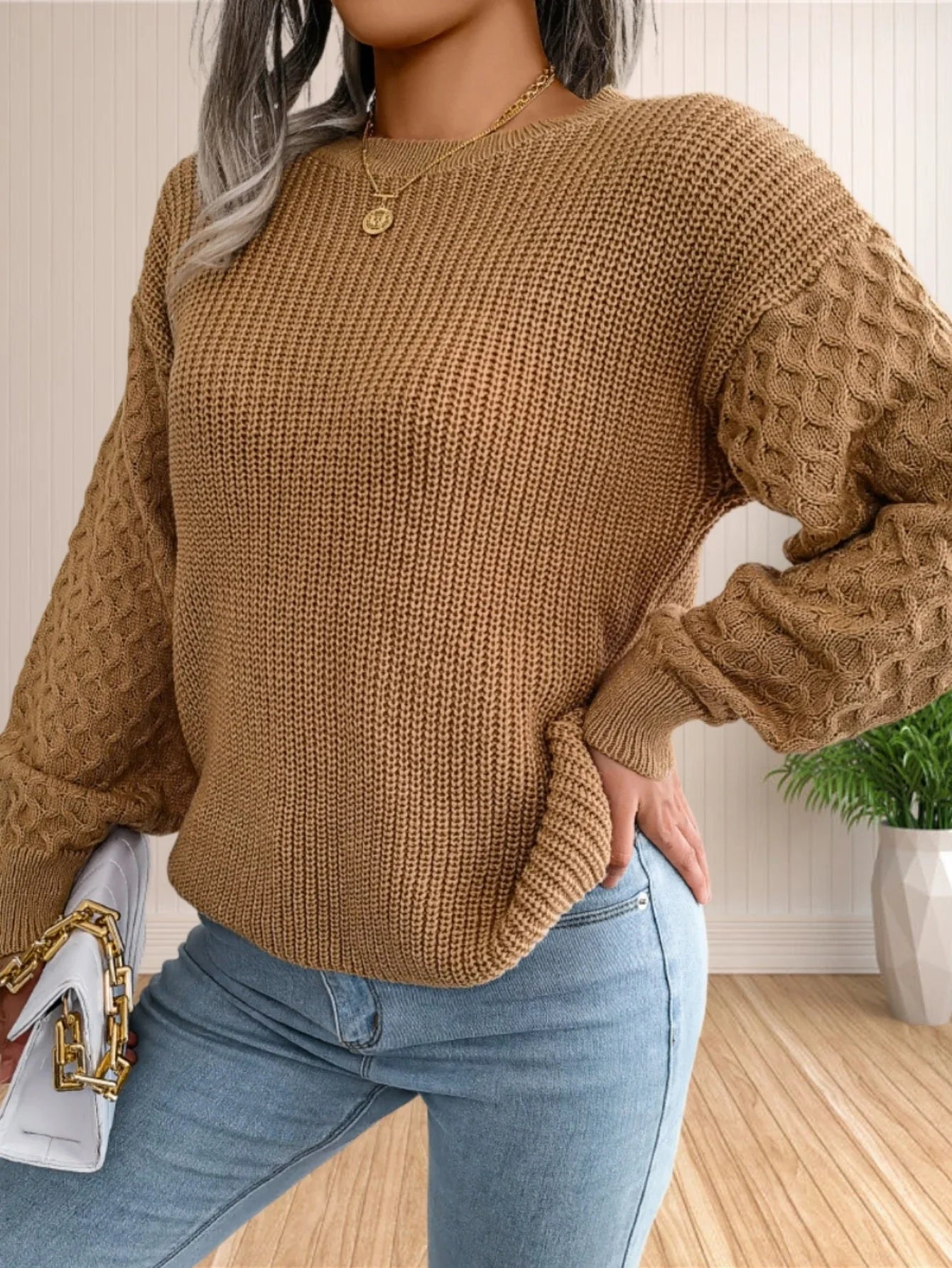 Pullover Sweaters- Chic Textured Crew Neck Sweater- - IndioGear.com