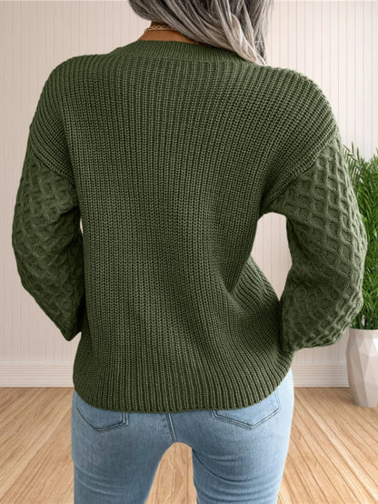 Pullover Sweaters- Chic Textured Crew Neck Sweater- - IndioGear.com