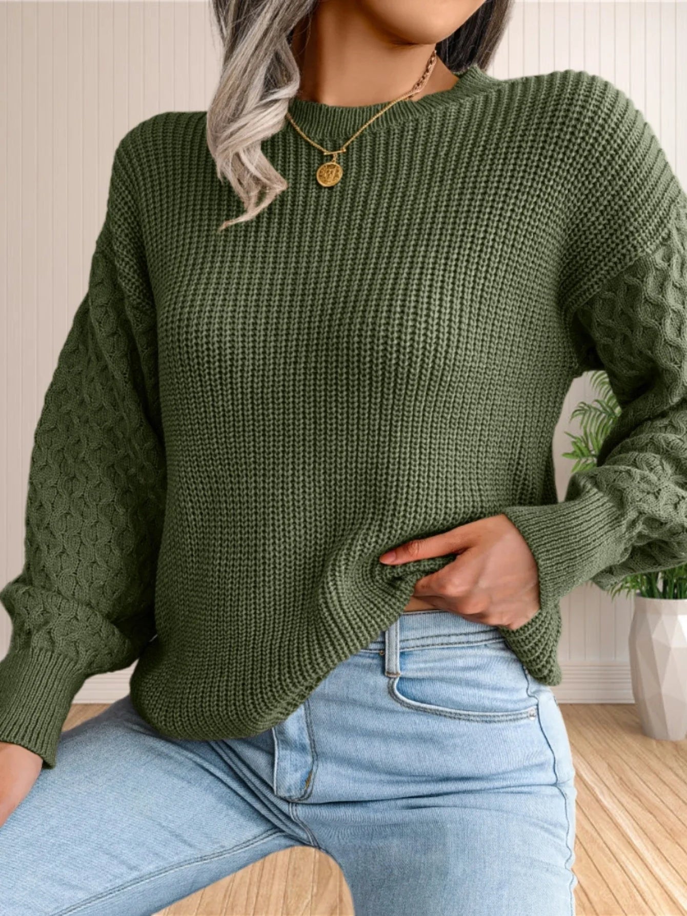 Pullover Sweaters- Chic Textured Crew Neck Sweater- - IndioGear.com