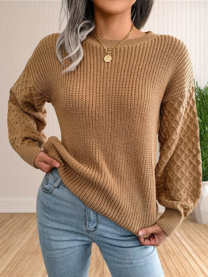 Pullover Sweaters- Chic Textured Crew Neck Sweater- Khaki- IndioGear.com