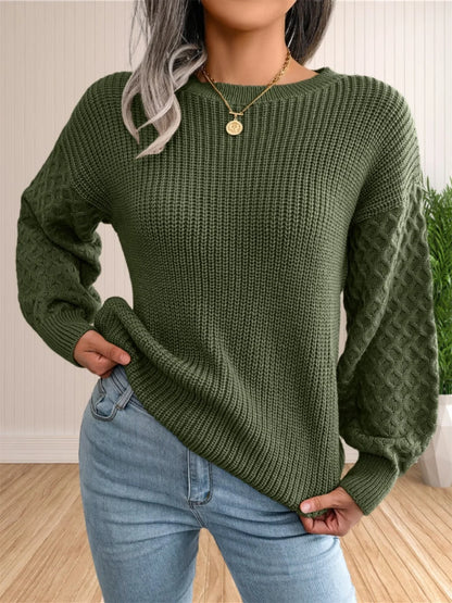 Pullover Sweaters- Chic Textured Crew Neck Sweater- Army green- IndioGear.com