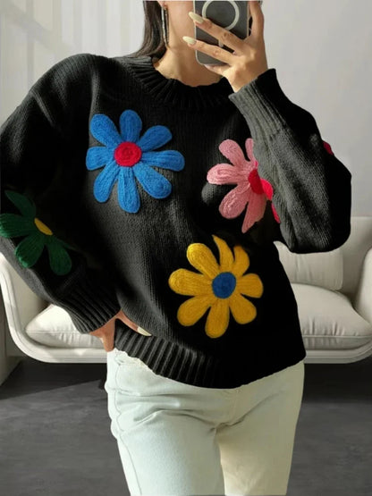 Pullover Sweaters- Flower Patch Work Pullover Plush Sweater- - IndioGear.com