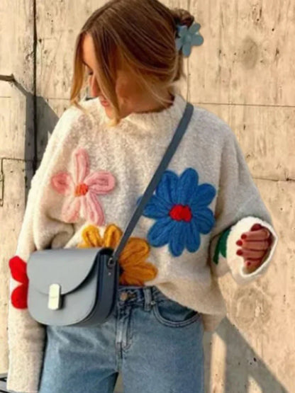 Pullover Sweaters- Flower Patch Work Pullover Plush Sweater- - IndioGear.com