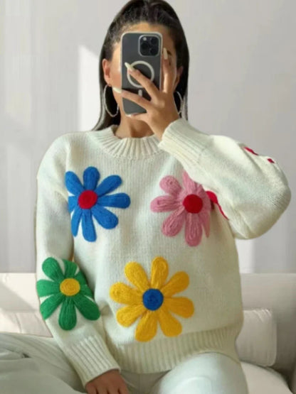 Pullover Sweaters- Flower Patch Work Pullover Plush Sweater- - IndioGear.com