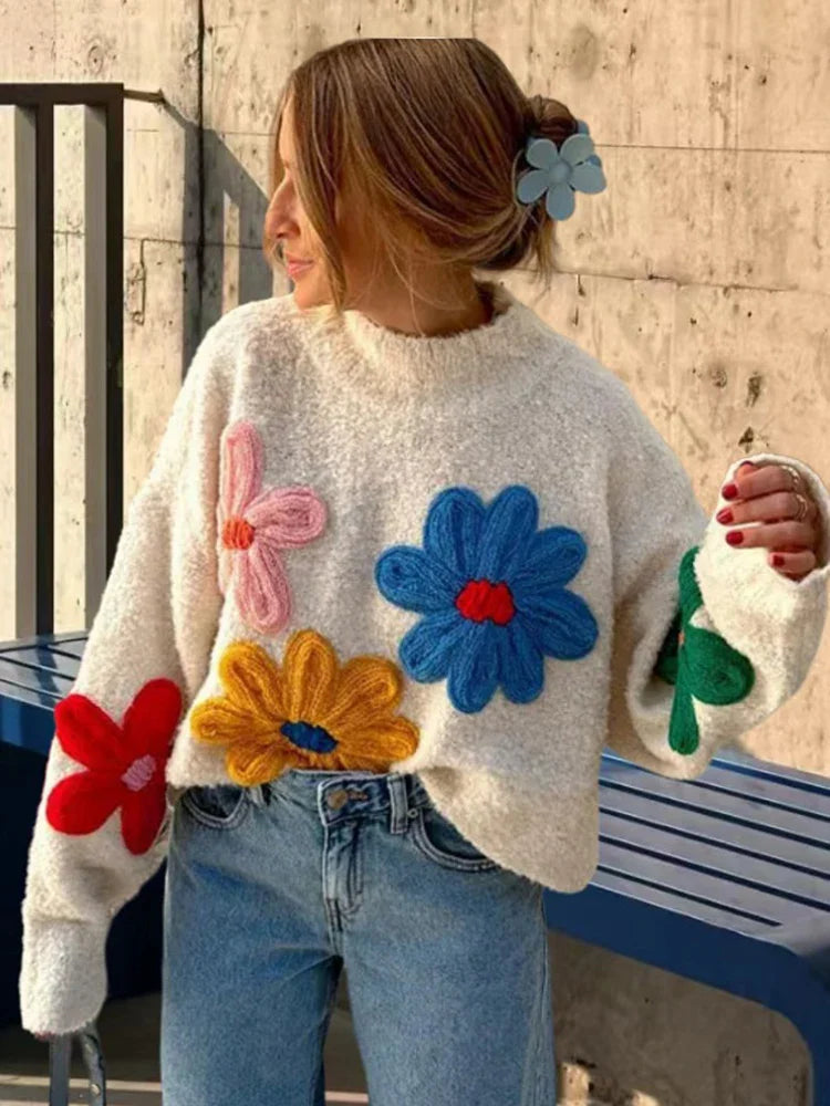 Pullover Sweaters- Flower Patch Work Pullover Plush Sweater- - IndioGear.com