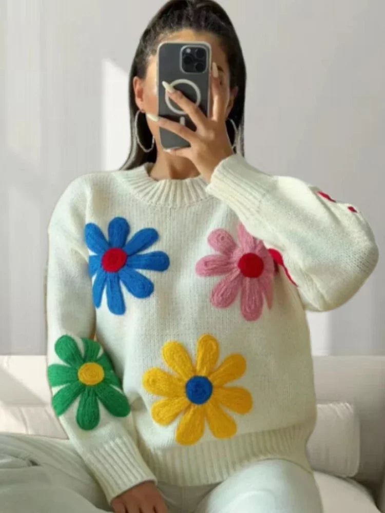 Pullover Sweaters- Flower Patch Work Pullover Plush Sweater- White- IndioGear.com