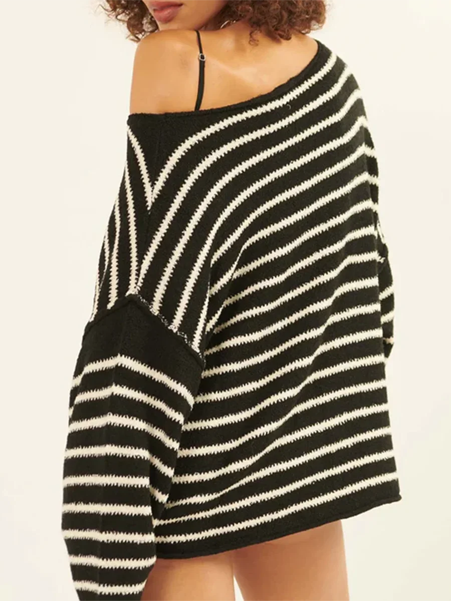 Pullover Sweaters- Oversized Striped Drop Shoulder Jumpers Tops- - IndioGear.com