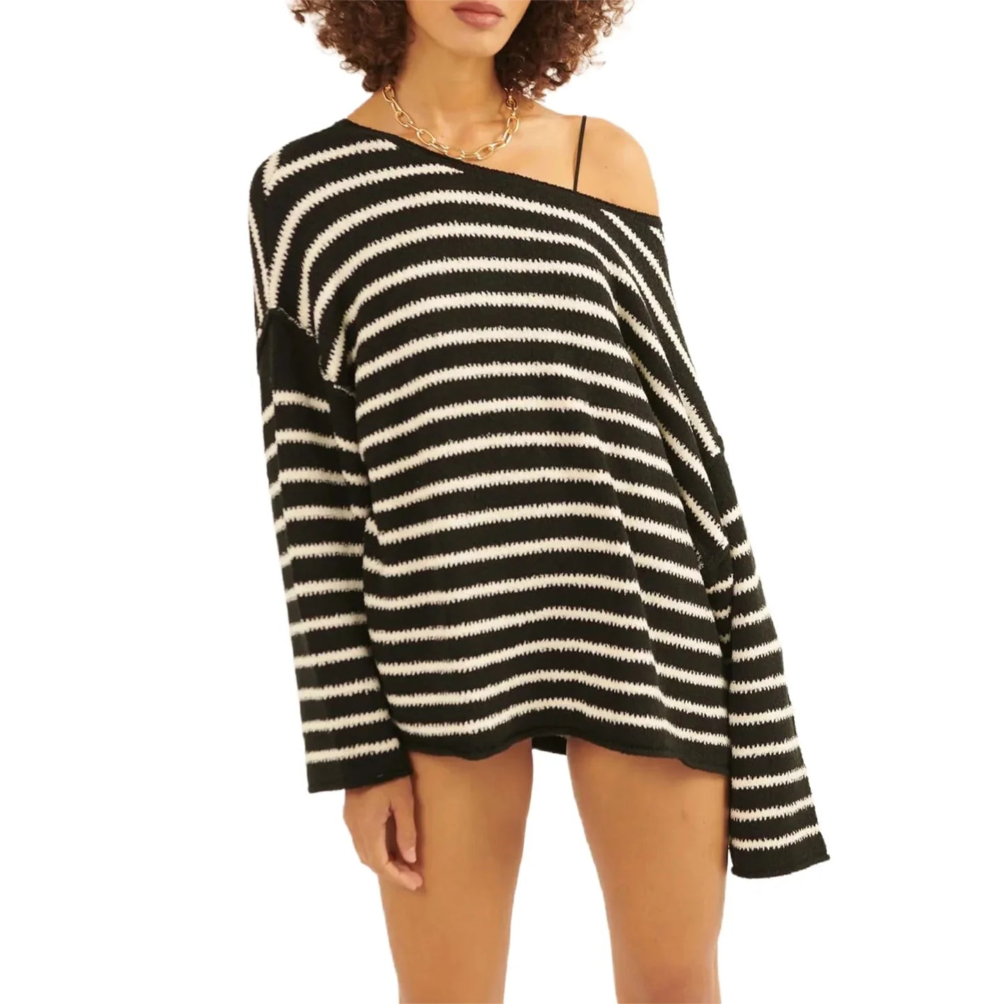 Pullover Sweaters- Oversized Striped Drop Shoulder Jumpers Tops- black- IndioGear.com