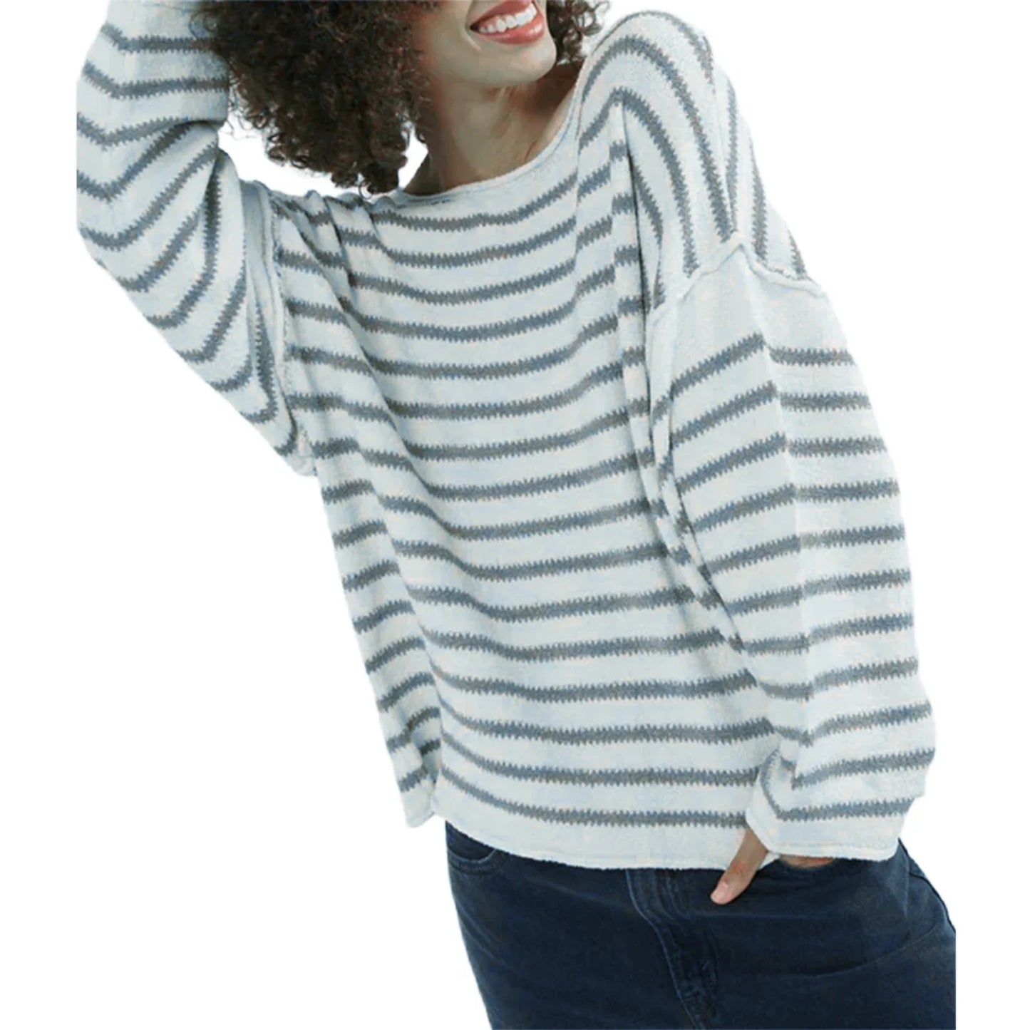 Pullover Sweaters- Oversized Striped Drop Shoulder Jumpers Tops- Milky White- IndioGear.com