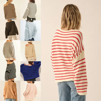 Pullover Sweaters- Oversized Striped Drop Shoulder Jumpers Tops- - IndioGear.com