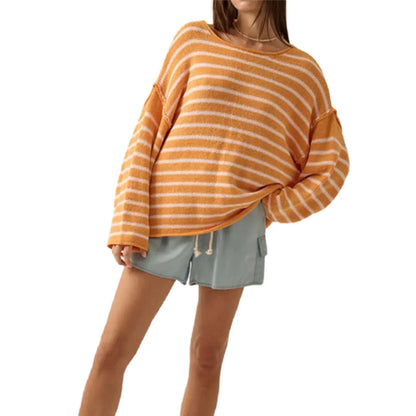 Pullover Sweaters- Oversized Striped Drop Shoulder Jumpers Tops- Orange- IndioGear.com