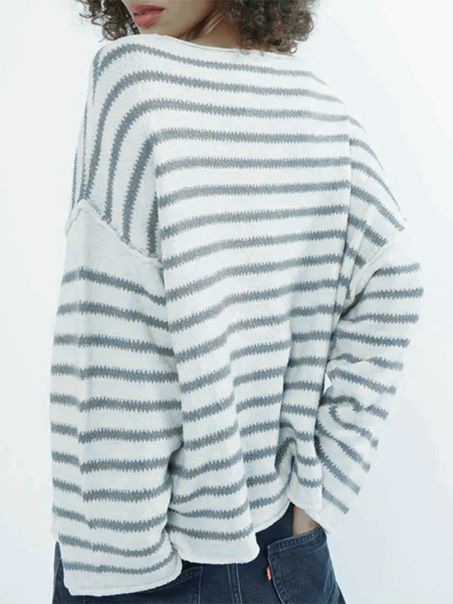 Pullover Sweaters- Oversized Striped Drop Shoulder Jumpers Tops- - IndioGear.com