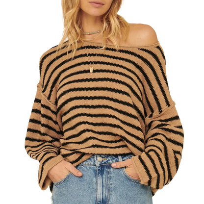 Pullover Sweaters- Oversized Striped Drop Shoulder Jumpers Tops- Dark Brown- IndioGear.com