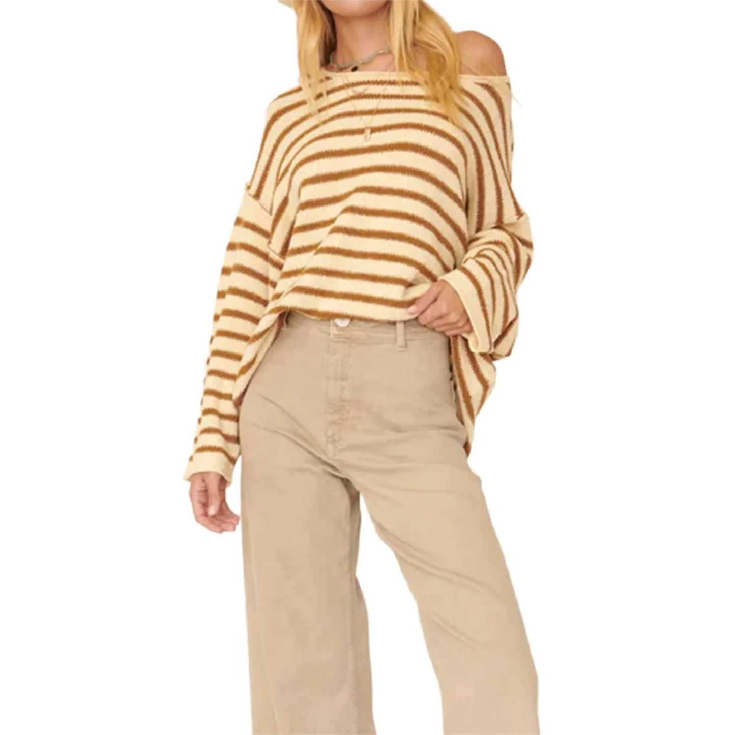 Pullover Sweaters- Oversized Striped Drop Shoulder Jumpers Tops- Lemon Yellow- IndioGear.com