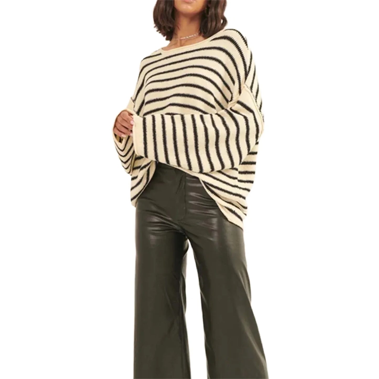 Pullover Sweaters- Oversized Striped Drop Shoulder Jumpers Tops- White- IndioGear.com