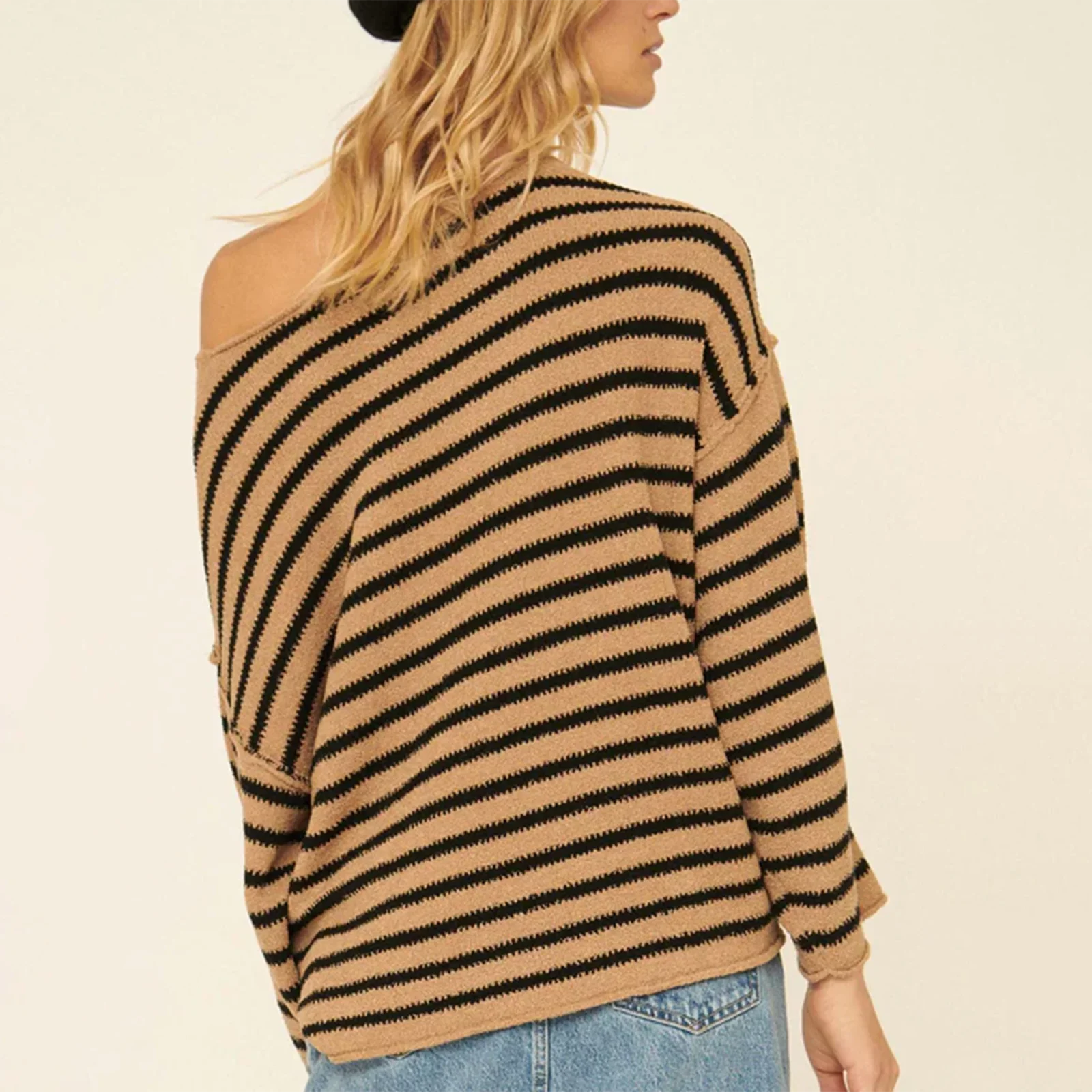 Pullover Sweaters- Oversized Striped Drop Shoulder Jumpers Tops- - IndioGear.com