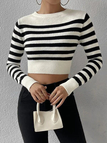 Pullover Sweaters- Sailor Striped Basic Crop Sweaters – Slim Fit- White- IndioGear.com