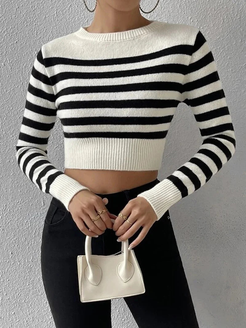 Pullover Sweaters- Sailor Striped Basic Crop Sweaters – Slim Fit- - IndioGear.com