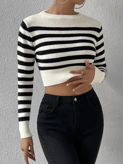 Pullover Sweaters- Sailor Striped Basic Crop Sweaters – Slim Fit- - IndioGear.com