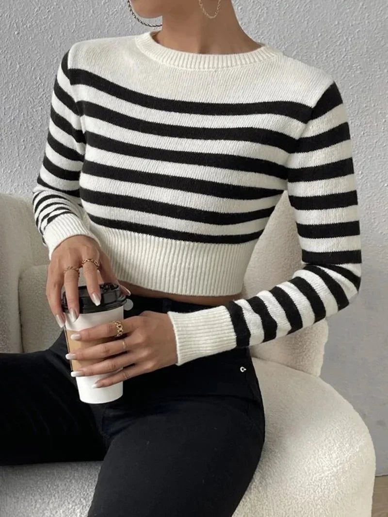 Pullover Sweaters- Sailor Striped Basic Crop Sweaters – Slim Fit- - IndioGear.com