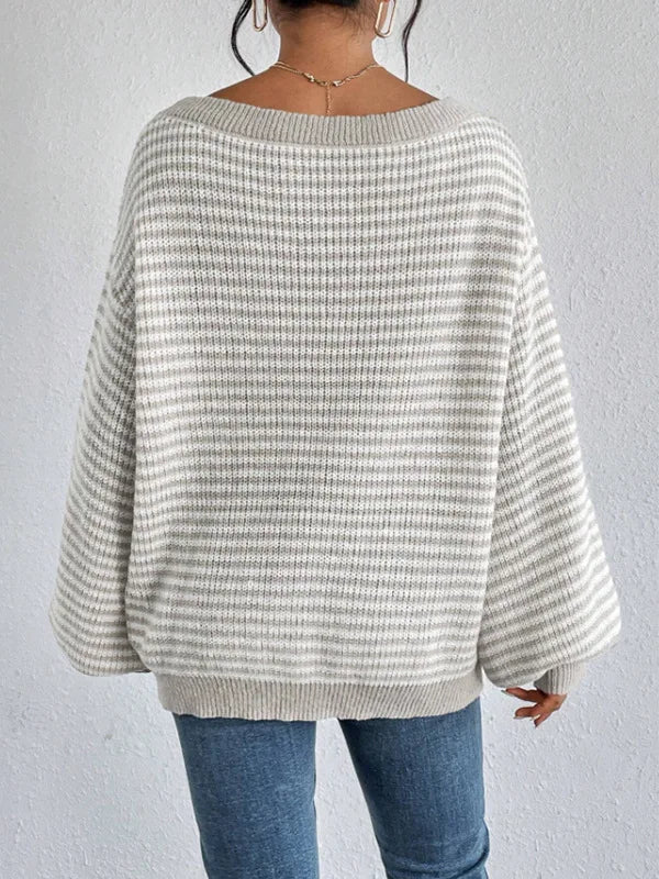 Pullover Sweaters- Striped Stockinette Stitch Knit Baggy Sweater and Solid Trims- - IndioGear.com