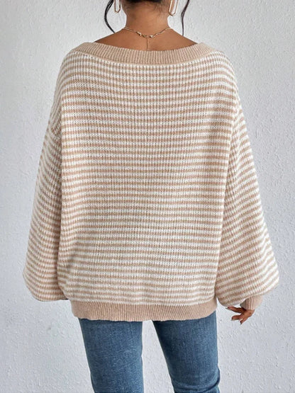 Pullover Sweaters- Striped Stockinette Stitch Knit Baggy Sweater and Solid Trims- - IndioGear.com