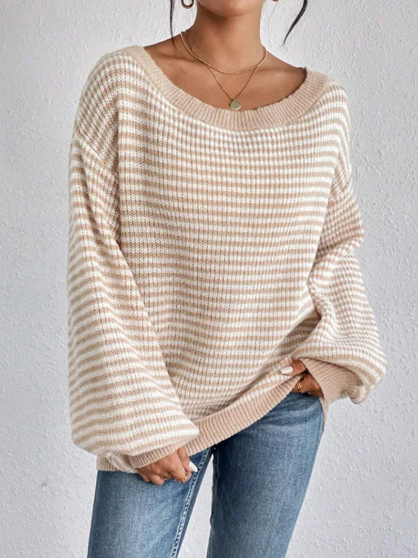 Pullover Sweaters- Striped Stockinette Stitch Knit Baggy Sweater and Solid Trims- - IndioGear.com