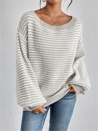 Pullover Sweaters- Striped Stockinette Stitch Knit Baggy Sweater and Solid Trims- Gray Beige- IndioGear.com