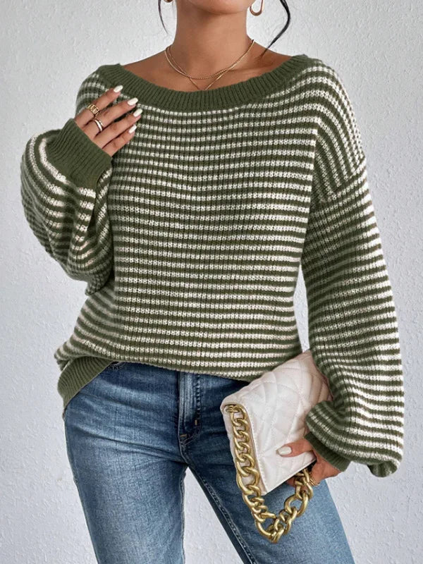 Pullover Sweaters- Striped Stockinette Stitch Knit Baggy Sweater and Solid Trims- - IndioGear.com