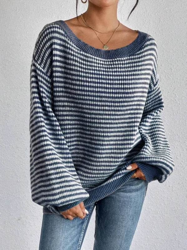 Pullover Sweaters- Striped Stockinette Stitch Knit Baggy Sweater and Solid Trims- - IndioGear.com